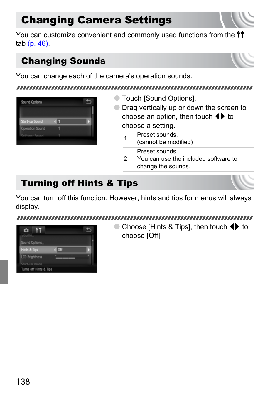 Changing camera settings, Changing sounds, Turning off hints & tips | Canon 210 User Manual | Page 138 / 176
