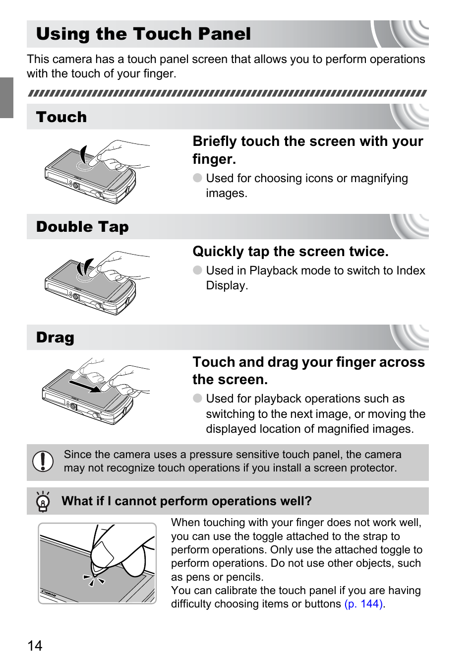 Using the touch panel, Touch, Double tap | Drag | Canon 210 User Manual | Page 14 / 176