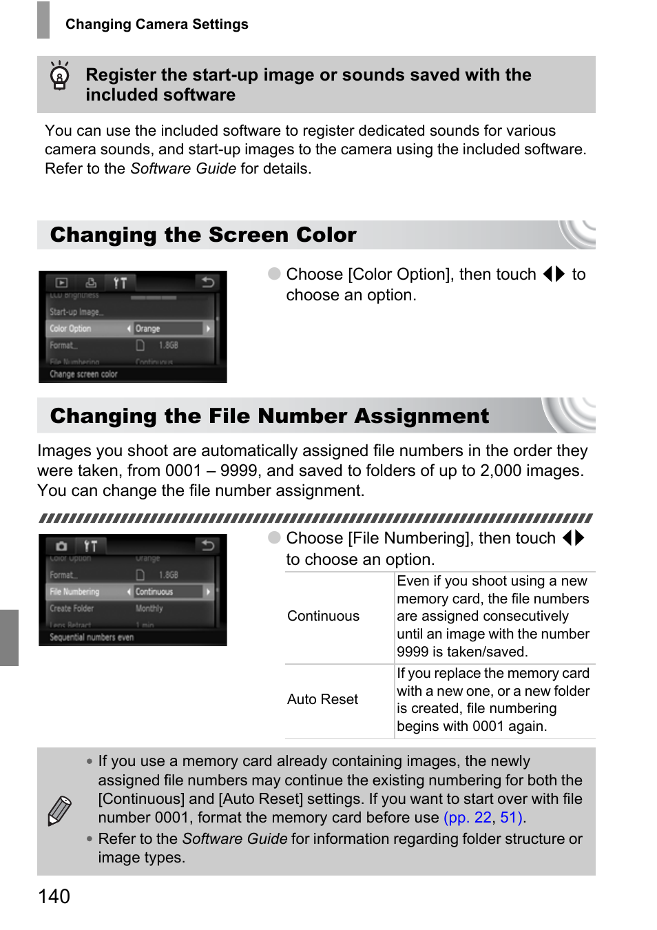 Changing the screen color, Changing the file number assignment | Canon 210 User Manual | Page 140 / 176