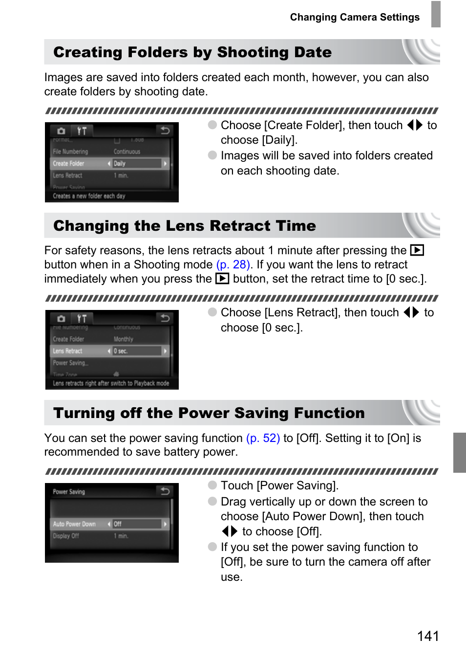 P. 141), Creating folders by shooting date, Changing the lens retract time | Turning off the power saving function | Canon 210 User Manual | Page 141 / 176