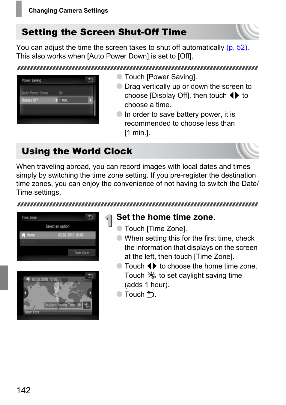 P. 142), Setting the screen shut-off time, Using the world clock | Set the home time zone | Canon 210 User Manual | Page 142 / 176