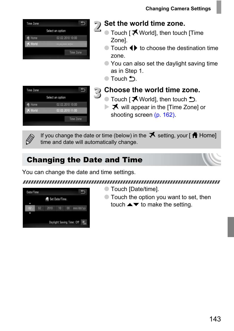 P. 143), Changing the date and time, Set the world time zone | Choose the world time zone | Canon 210 User Manual | Page 143 / 176