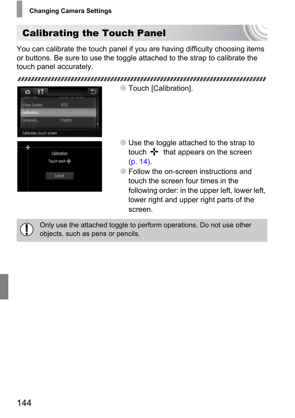 P. 144), Calibrating the touch panel | Canon 210 User Manual | Page 144 / 176