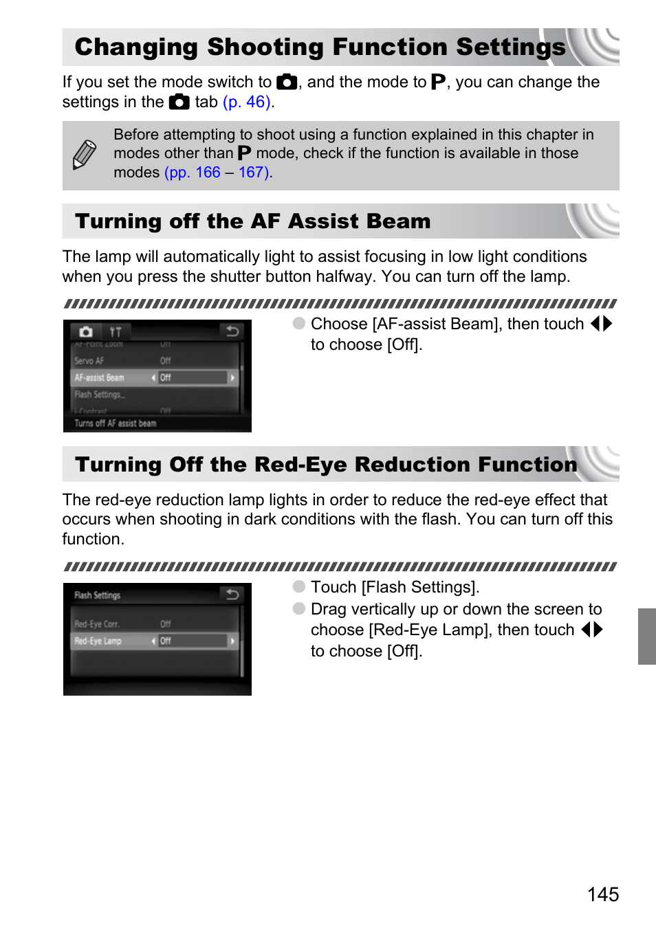 Changing shooting function settings, Changing shooting function, Settings | P. 145), Turning off the af assist beam, Turning off the red-eye reduction function | Canon 210 User Manual | Page 145 / 176