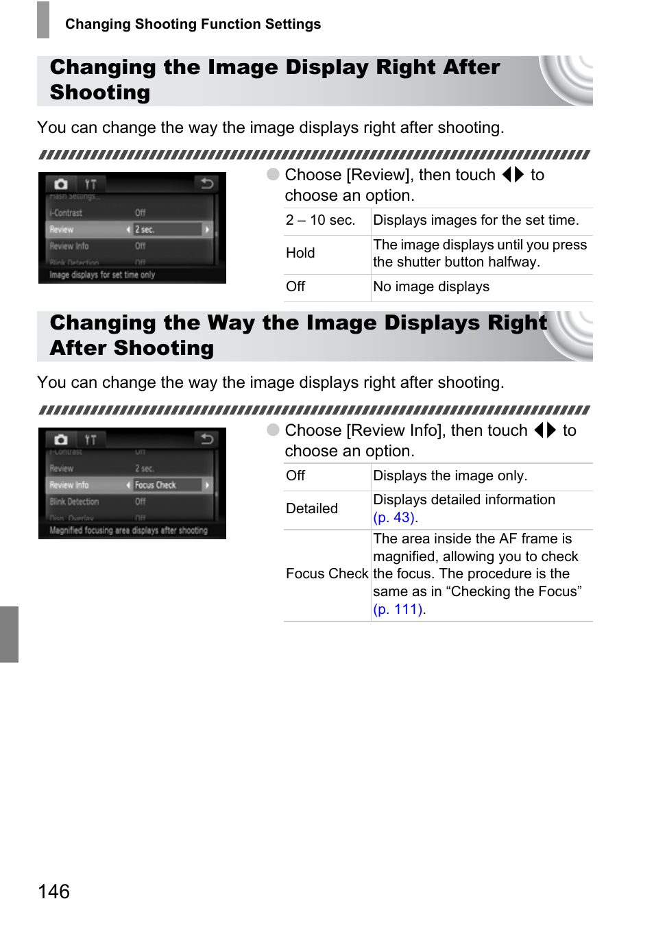 P. 146), Changing the image display right after shooting | Canon 210 User Manual | Page 146 / 176