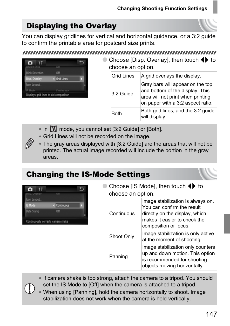 P. 147), Displaying the overlay, Changing the is-mode settings | Canon 210 User Manual | Page 147 / 176
