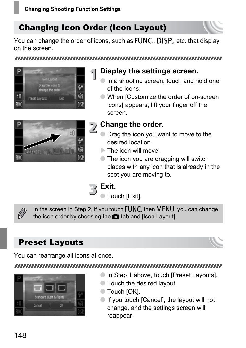 Con layout), P. 148), Changing icon order (icon layout) | Preset layouts, Display the settings screen, Change the order, Exit | Canon 210 User Manual | Page 148 / 176