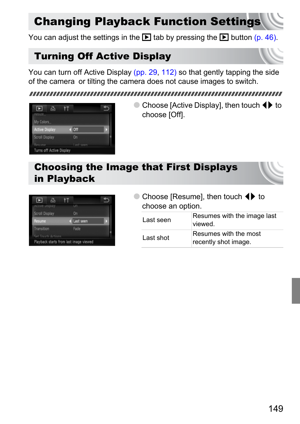 Changing playback function settings, Changing playback function, Settings | Turning off active display, Choosing the image that first displays in playback | Canon 210 User Manual | Page 149 / 176