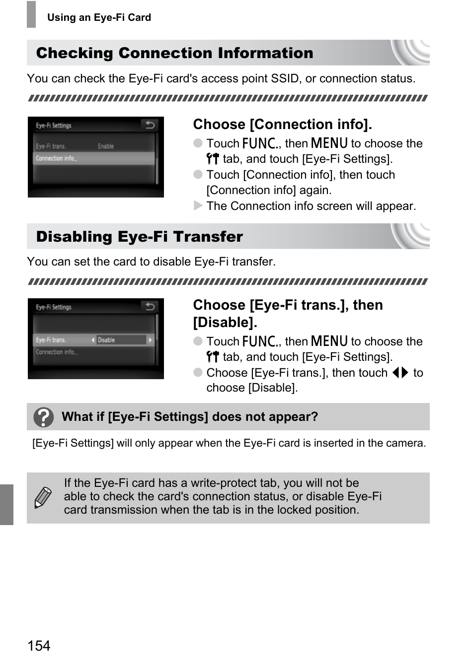 P. 154), Checking connection information, Disabling eye-fi transfer | Choose [connection info, Choose [eye-fi trans.], then [disable | Canon 210 User Manual | Page 154 / 176