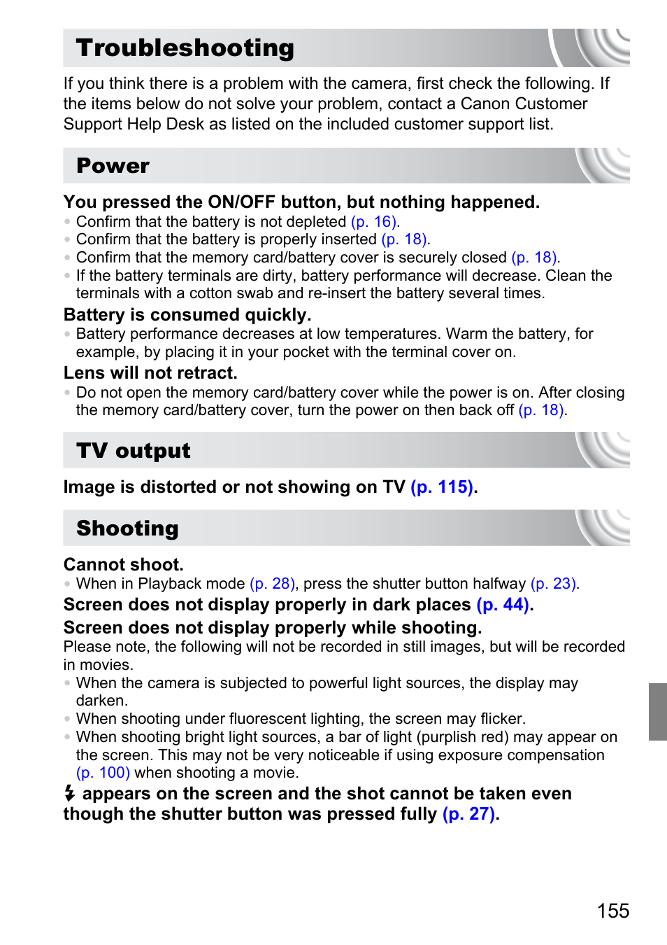 Troubleshooting, Power, Tv output | Shooting | Canon 210 User Manual | Page 155 / 176