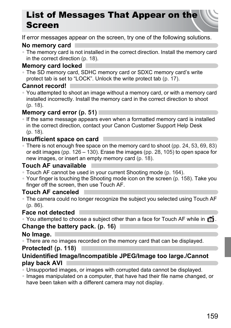 List of messages that appear on the screen, List of messages that appear, On the screen | Canon 210 User Manual | Page 159 / 176