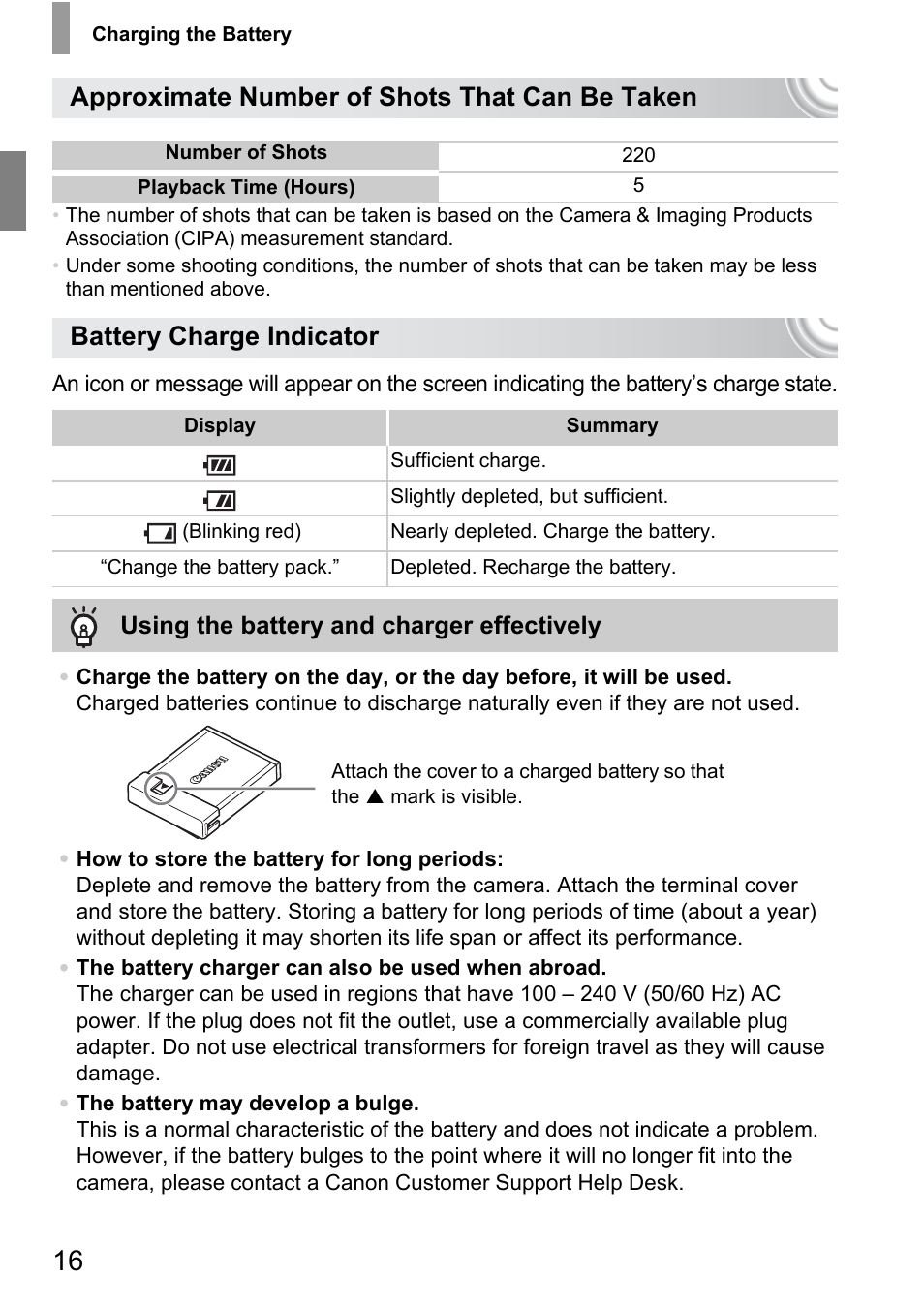Approximate number of shots that can be taken, Battery charge indicator | Canon 210 User Manual | Page 16 / 176