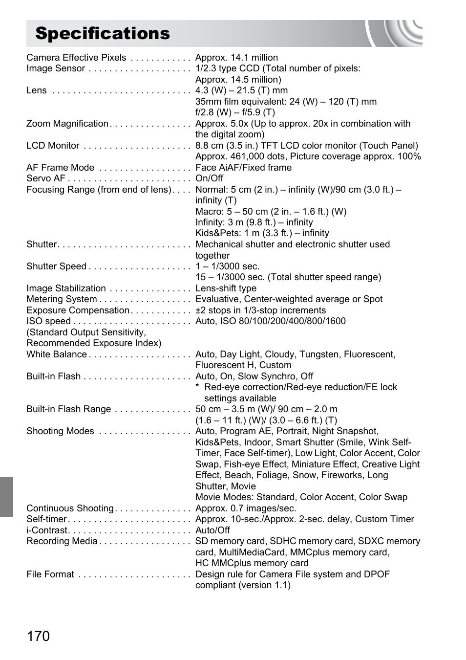 Specifications, P. 170) | Canon 210 User Manual | Page 170 / 176