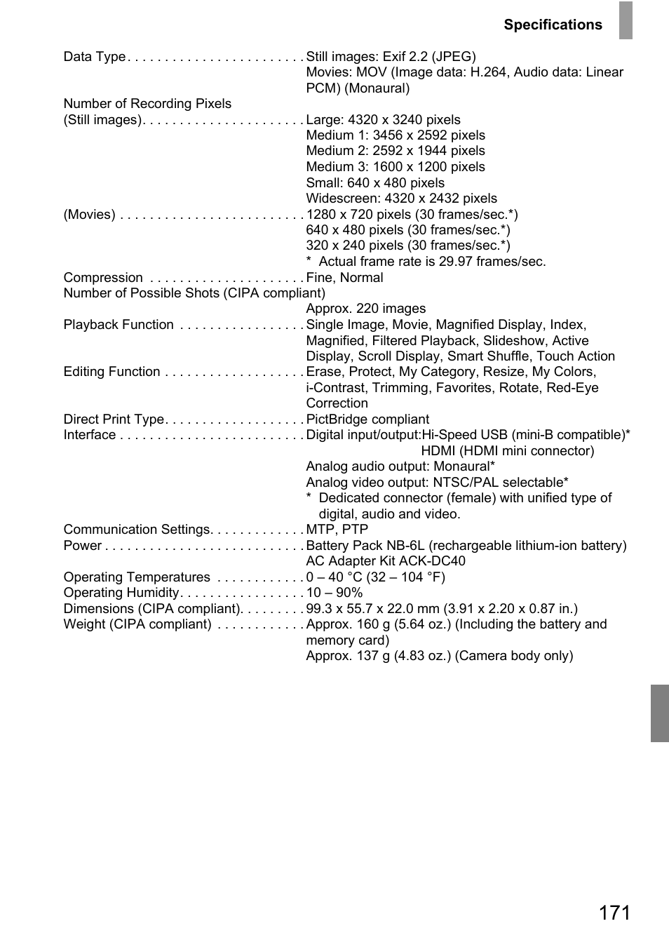 Canon 210 User Manual | Page 171 / 176