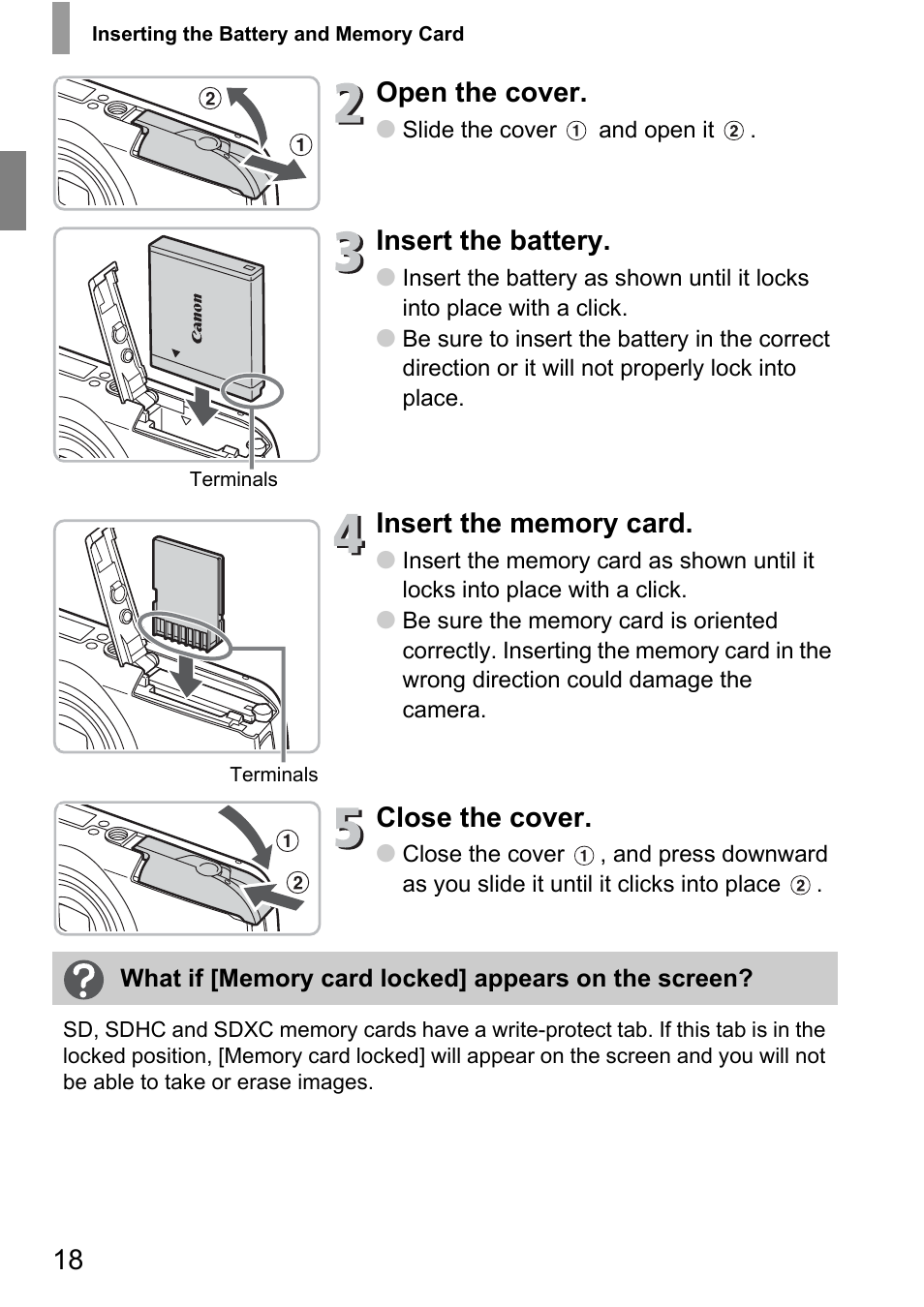 Open the cover, Insert the battery, Close the cover | Canon 210 User Manual | Page 18 / 176