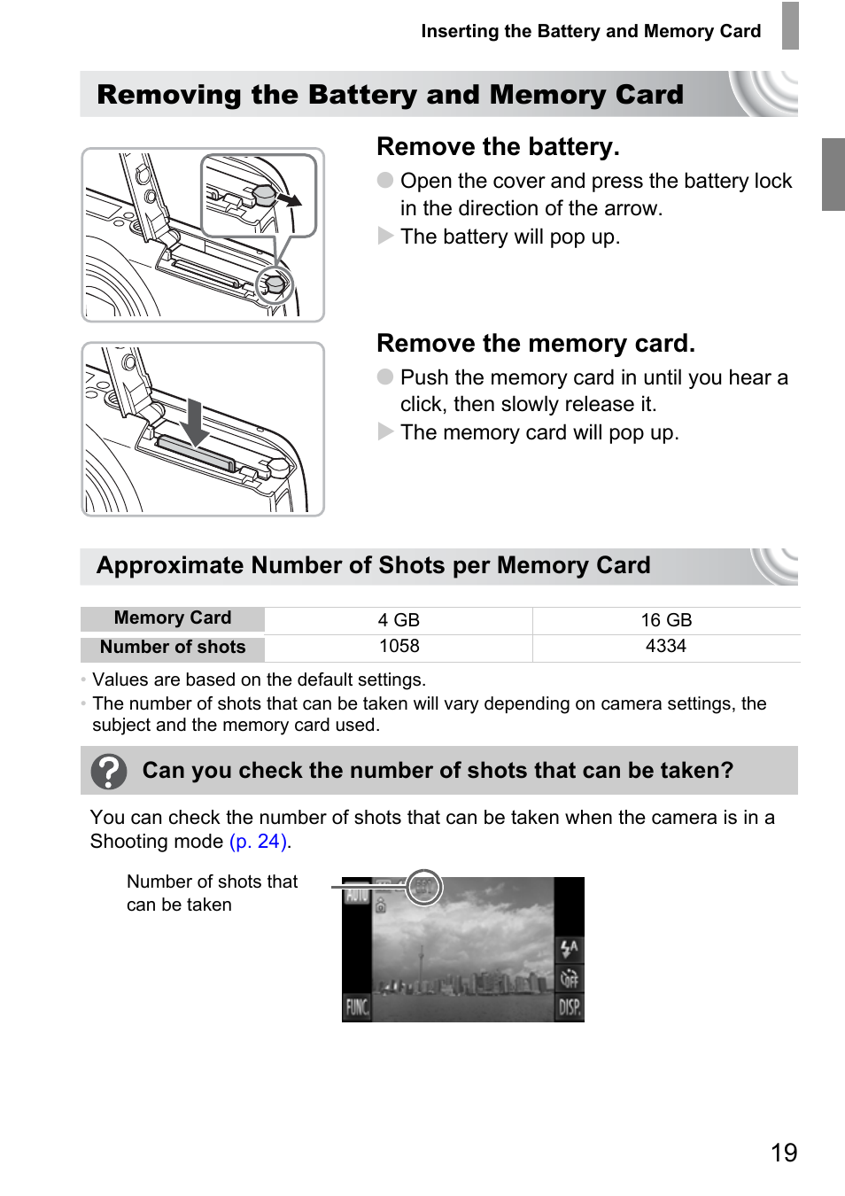 Remove the battery | Canon 210 User Manual | Page 19 / 176