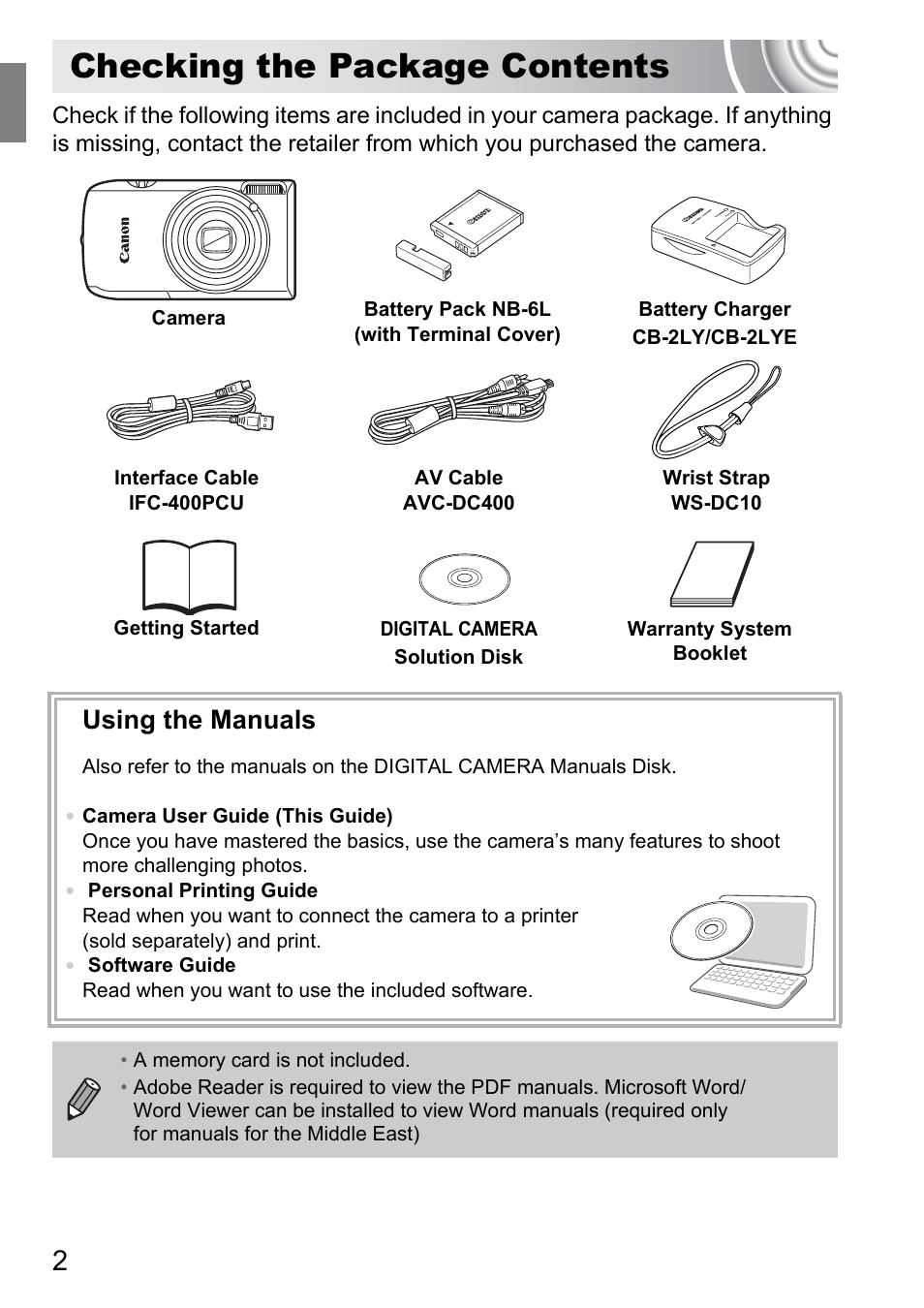 Checking the package contents, Using the manuals | Canon 210 User Manual | Page 2 / 176