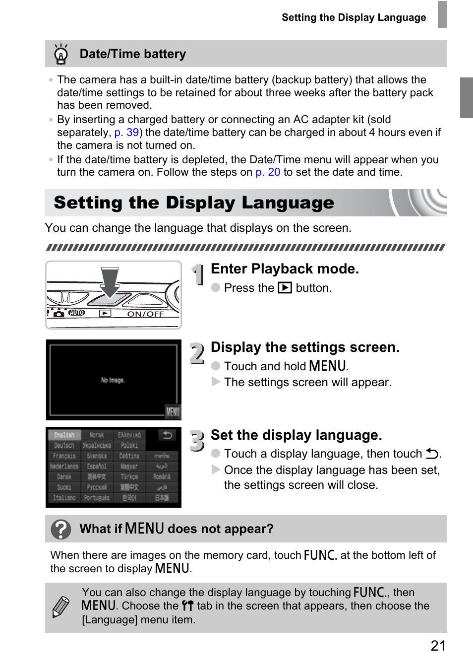 Setting the display language, Enter playback mode, Display the settings screen | Set the display language | Canon 210 User Manual | Page 21 / 176