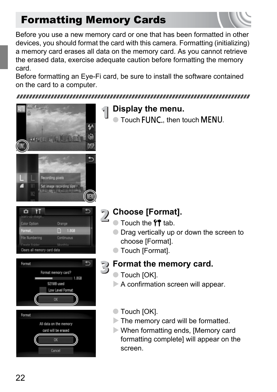 Formatting memory cards, Display the menu, Choose [format | Canon 210 User Manual | Page 22 / 176
