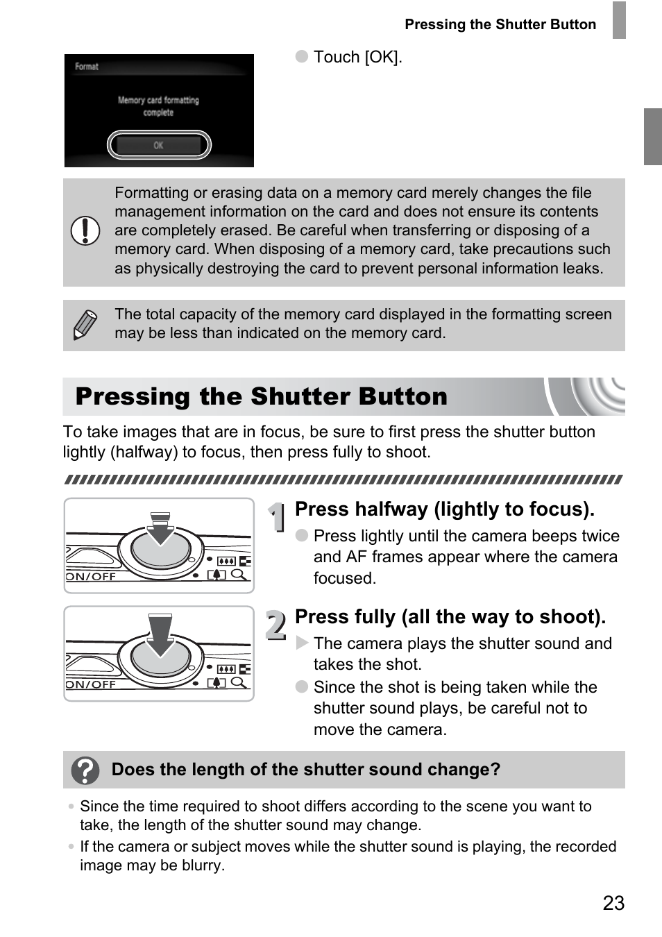 Pressing the shutter button, Press halfway (lightly to focus), Press fully (all the way to shoot) | Canon 210 User Manual | Page 23 / 176