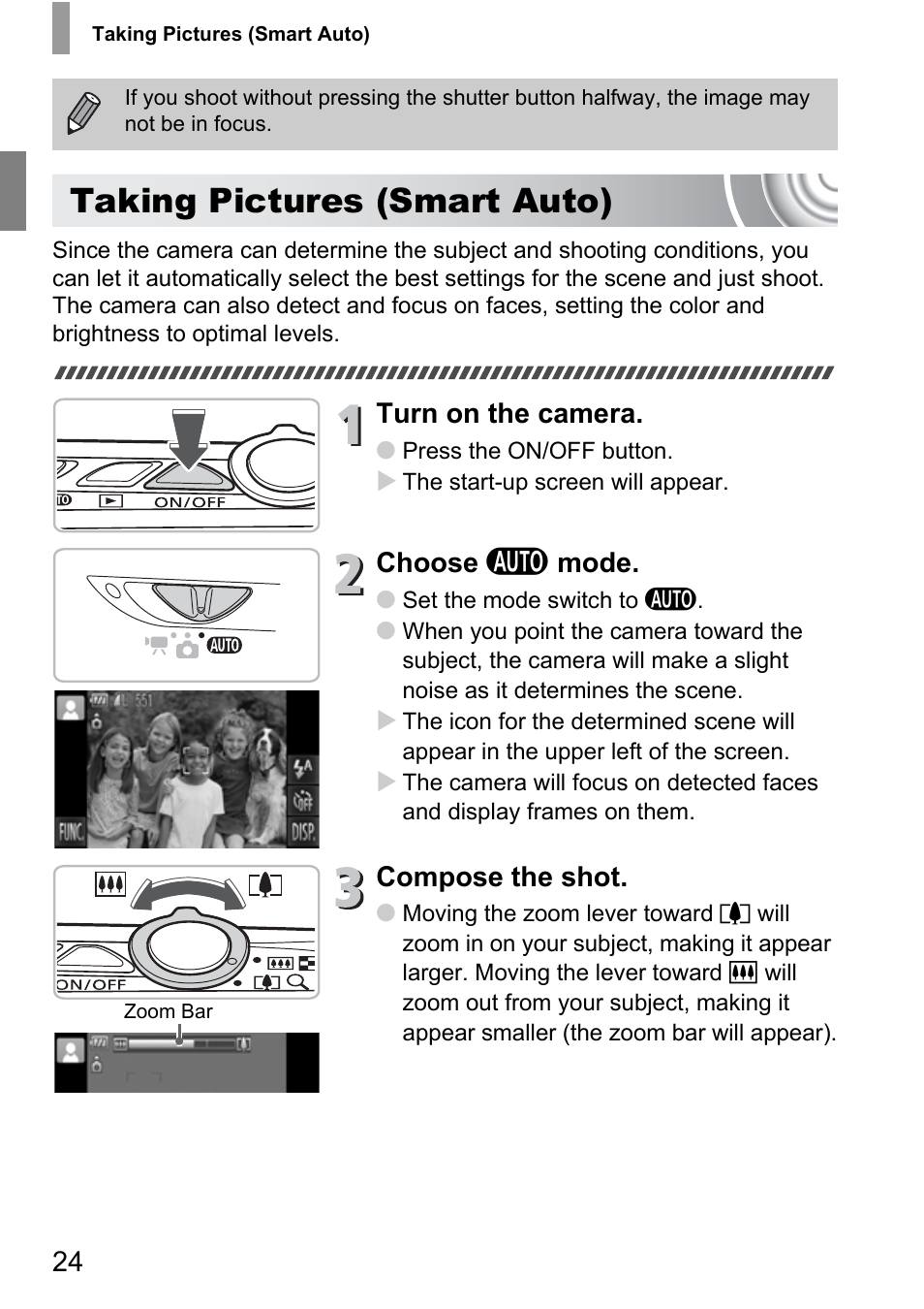 Taking pictures (smart auto), Turn on the camera, Choose a mode | Compose the shot | Canon 210 User Manual | Page 24 / 176