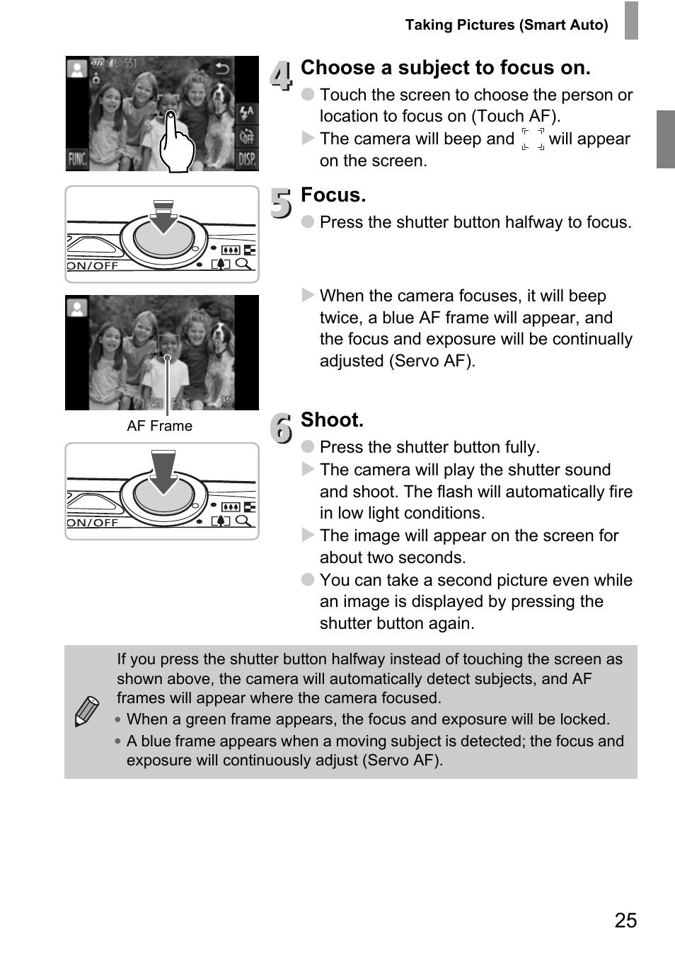 Choose a subject to focus on, Focus, Shoot | Canon 210 User Manual | Page 25 / 176