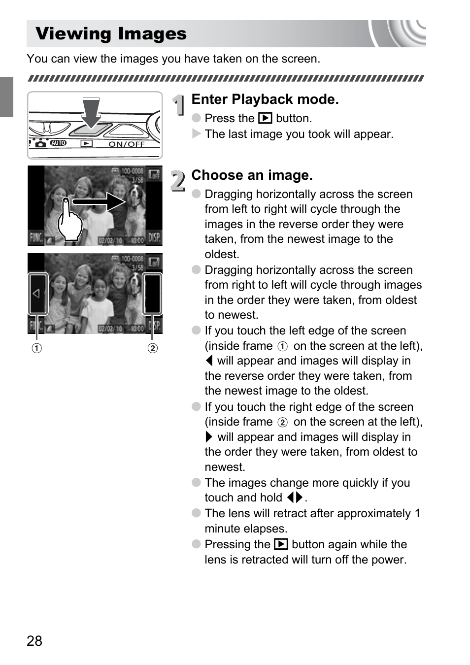 Viewing images, Enter playback mode, Choose an image | Canon 210 User Manual | Page 28 / 176