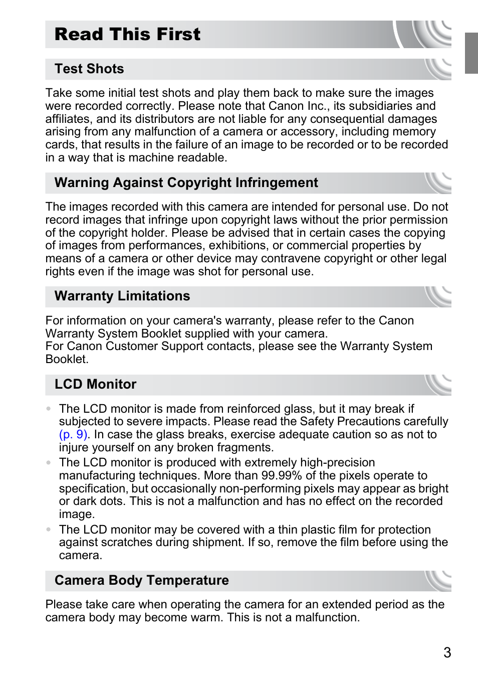 Read this first | Canon 210 User Manual | Page 3 / 176