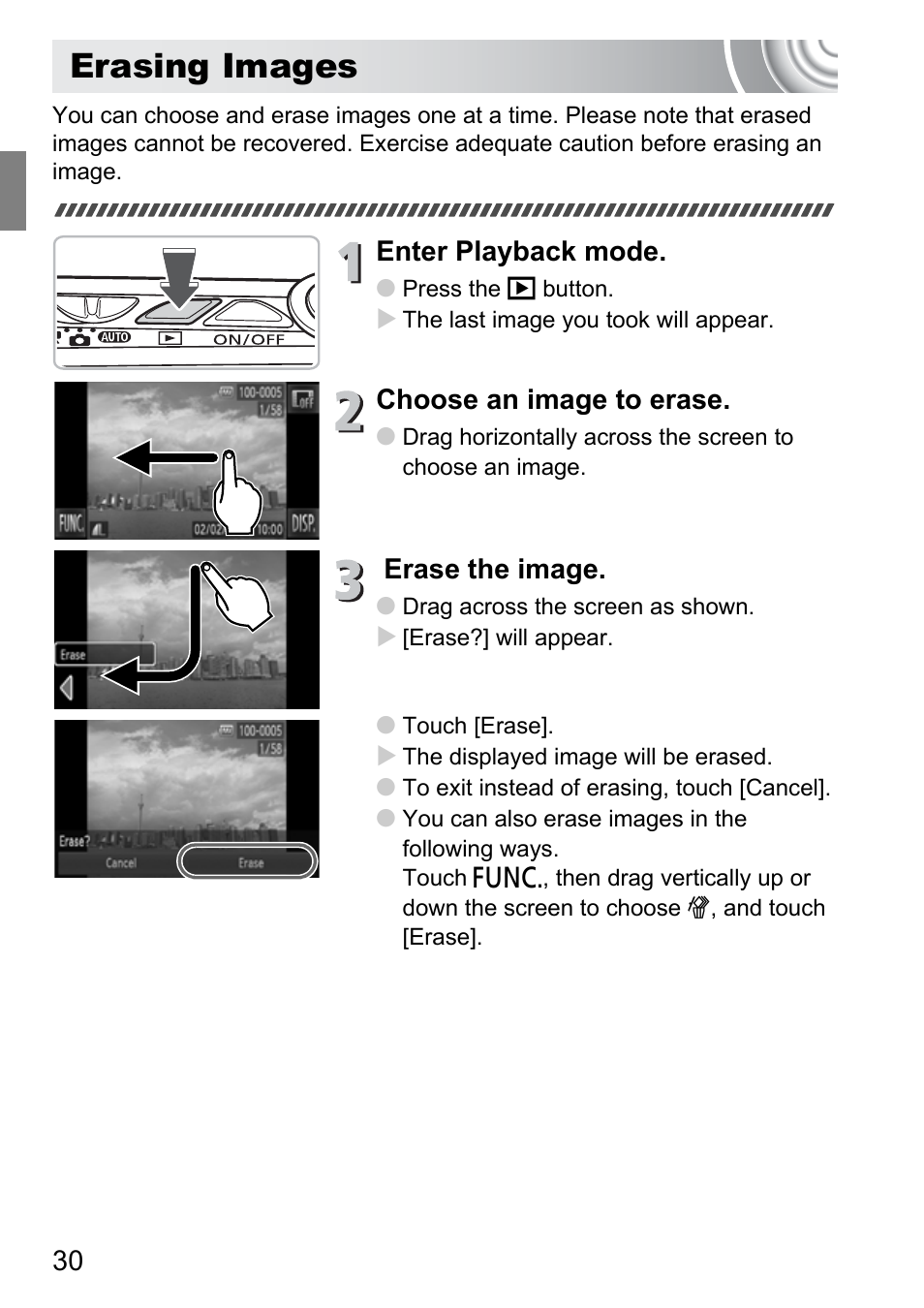 Erasing images, Enter playback mode, Choose an image to erase | Erase the image | Canon 210 User Manual | Page 30 / 176