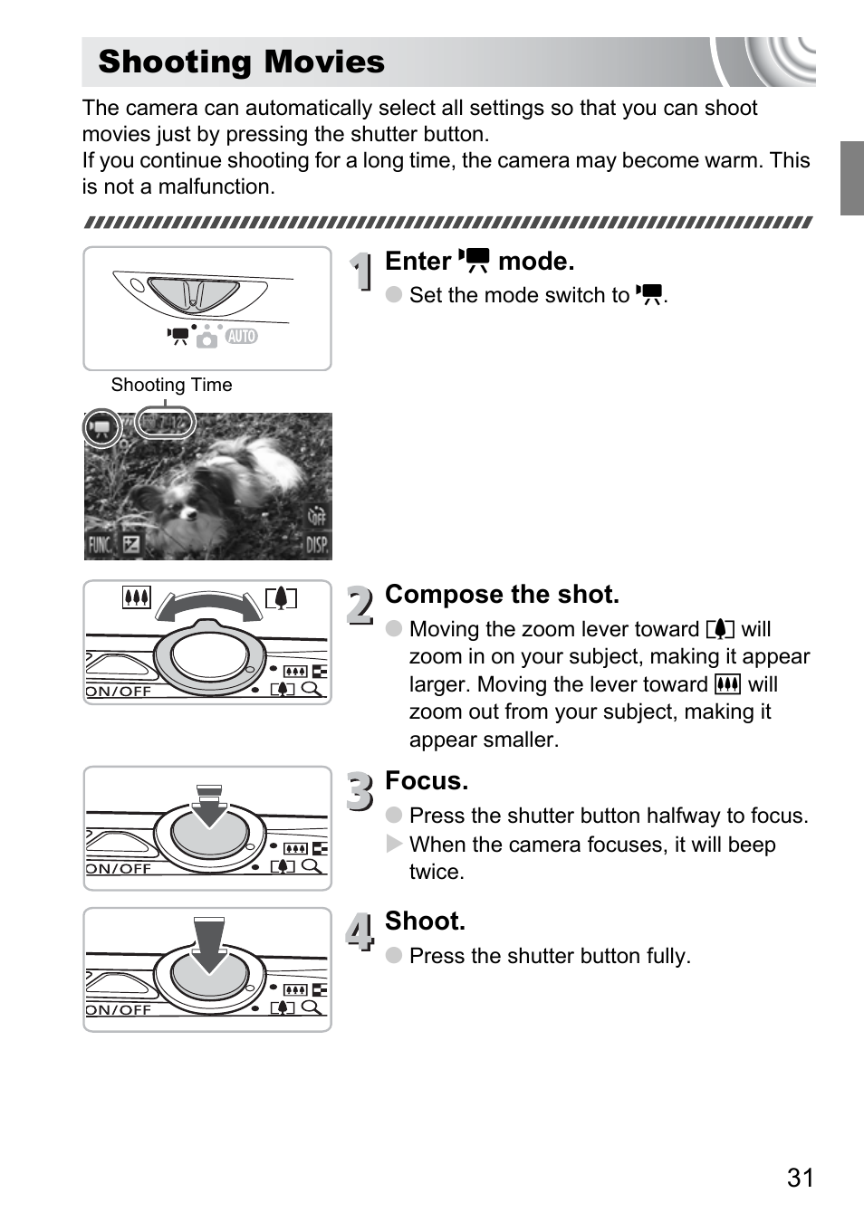 Shooting movies | Canon 210 User Manual | Page 31 / 176