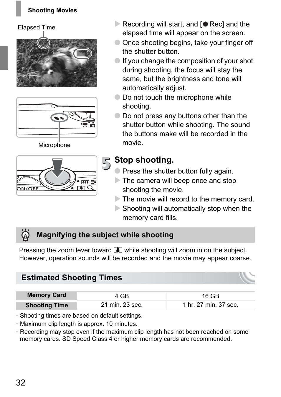 Stop shooting, Estimated shooting times | Canon 210 User Manual | Page 32 / 176
