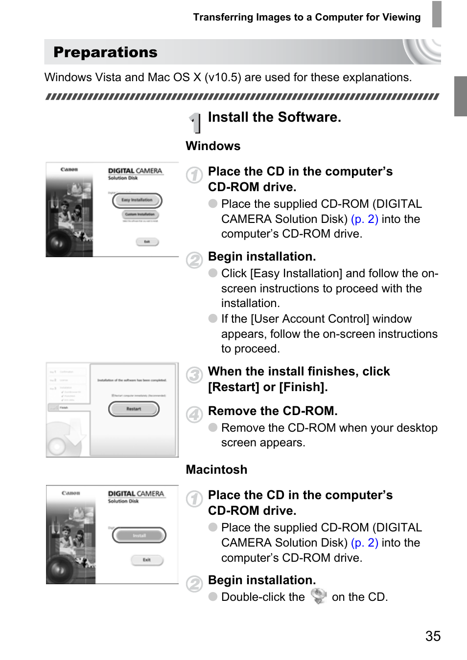 Preparations, Install the software | Canon 210 User Manual | Page 35 / 176