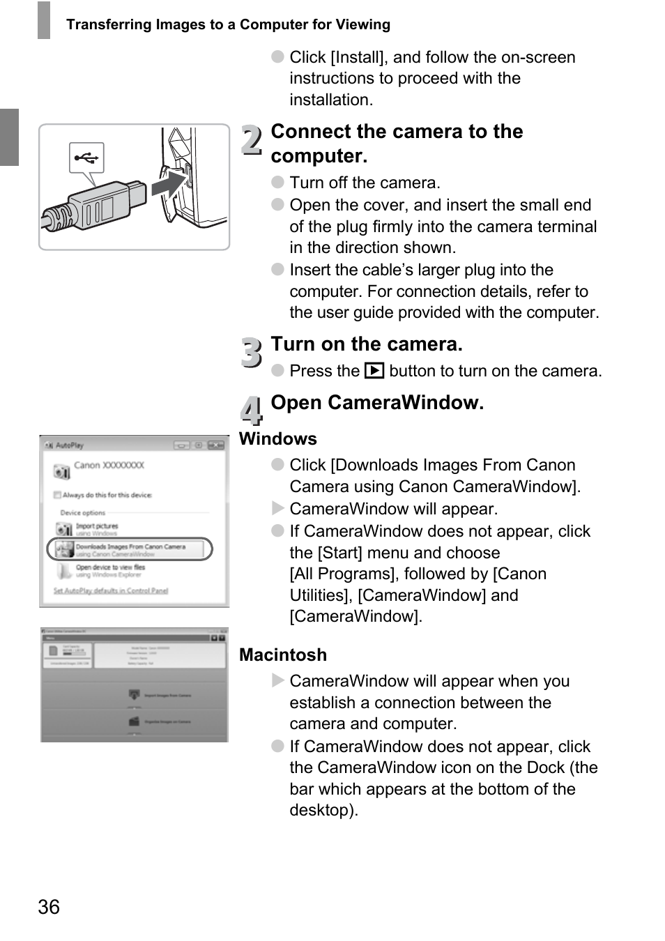 Connect the camera to the computer, Turn on the camera, Open camerawindow | Canon 210 User Manual | Page 36 / 176