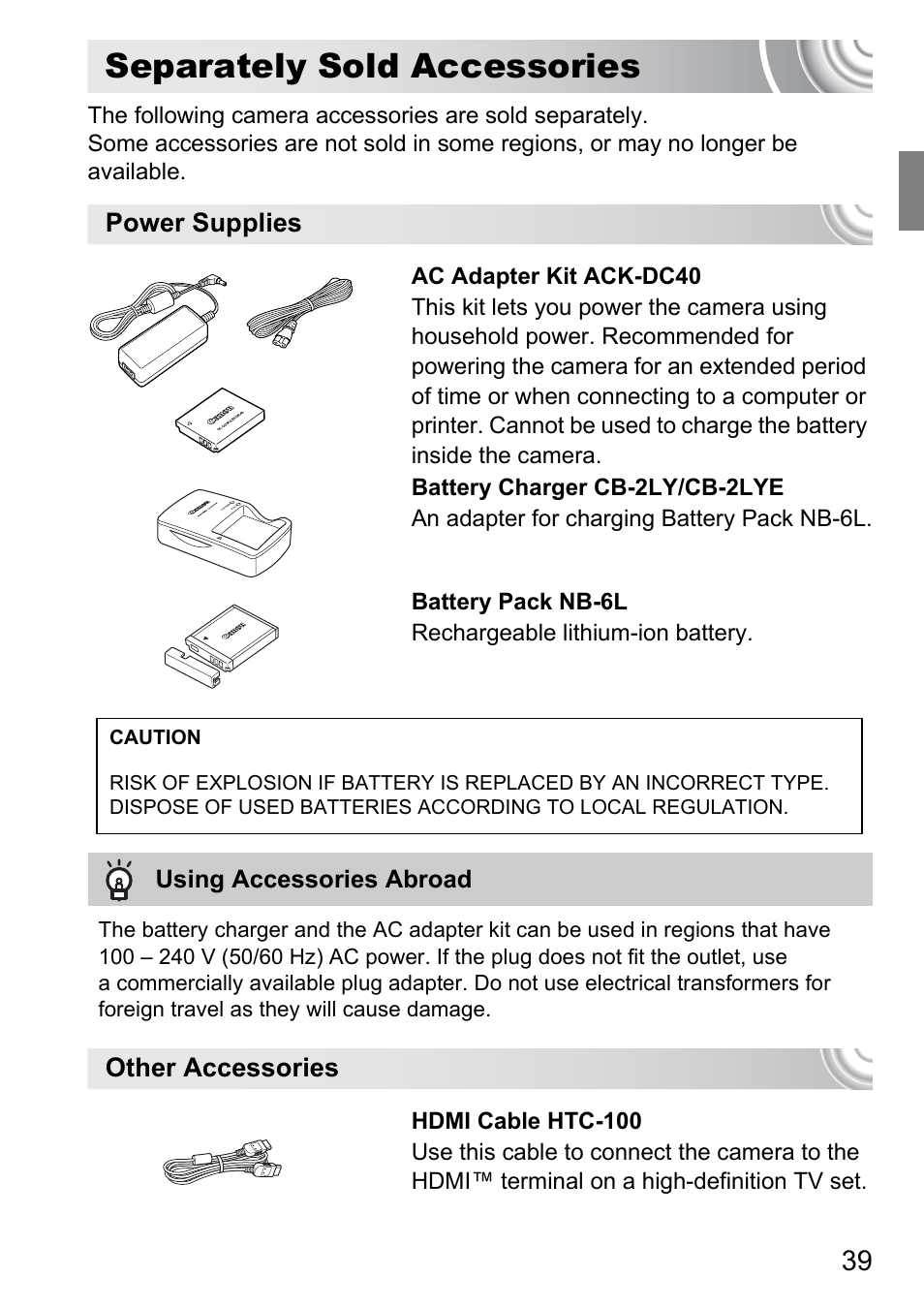 Separately sold accessories, P. 39 | Canon 210 User Manual | Page 39 / 176