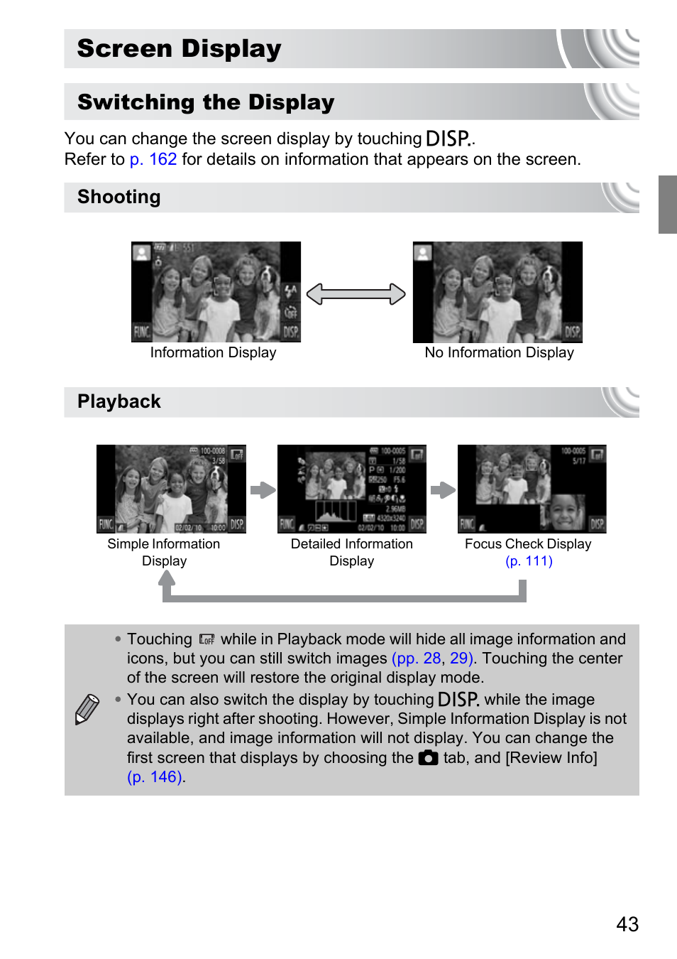 Screen display, P. 43), Switching the display | Shooting playback | Canon 210 User Manual | Page 43 / 176