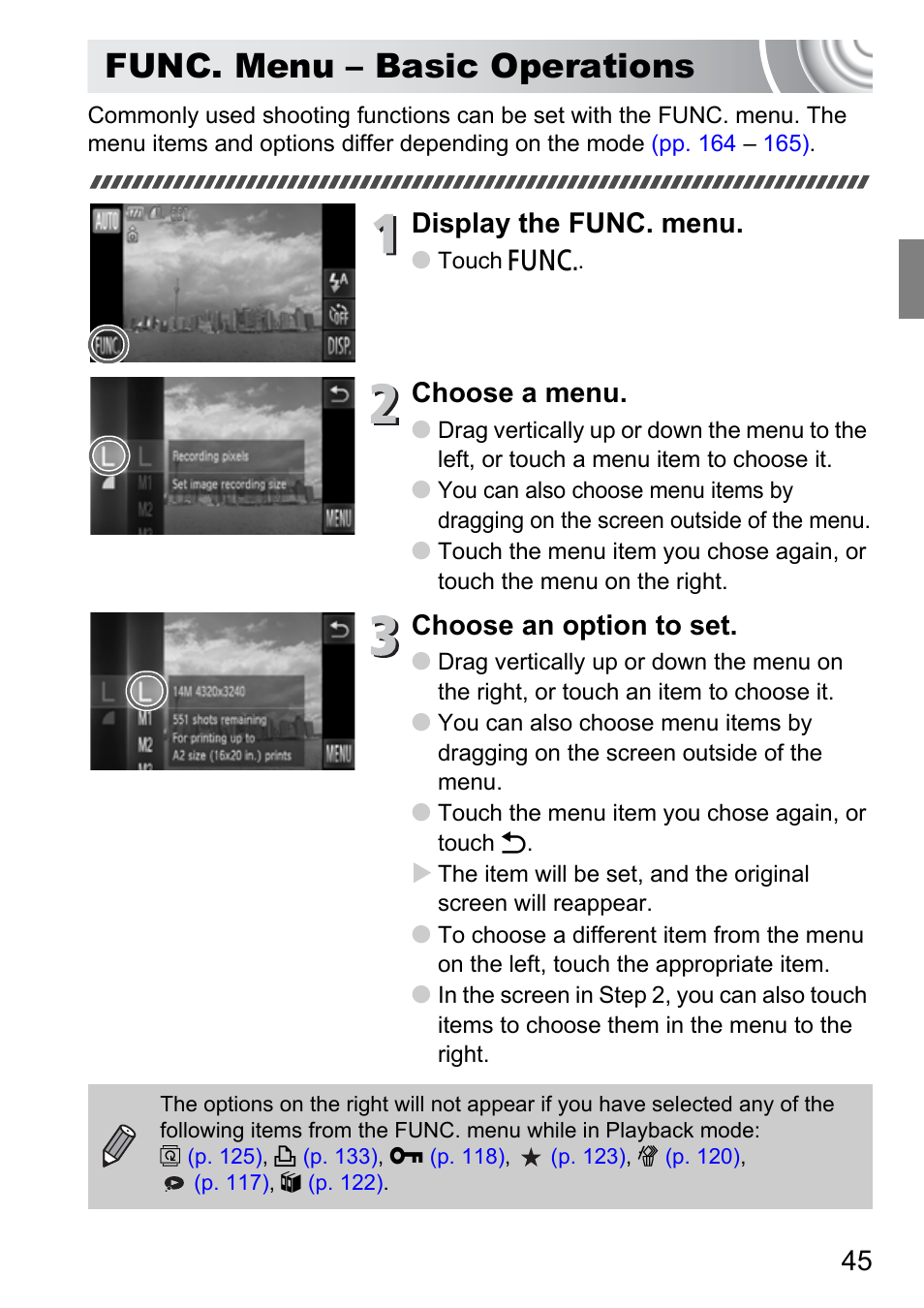 Func. menu - basic operations, Func. menu – basic operations, Display the func. menu | Choose a menu, Choose an option to set | Canon 210 User Manual | Page 45 / 176