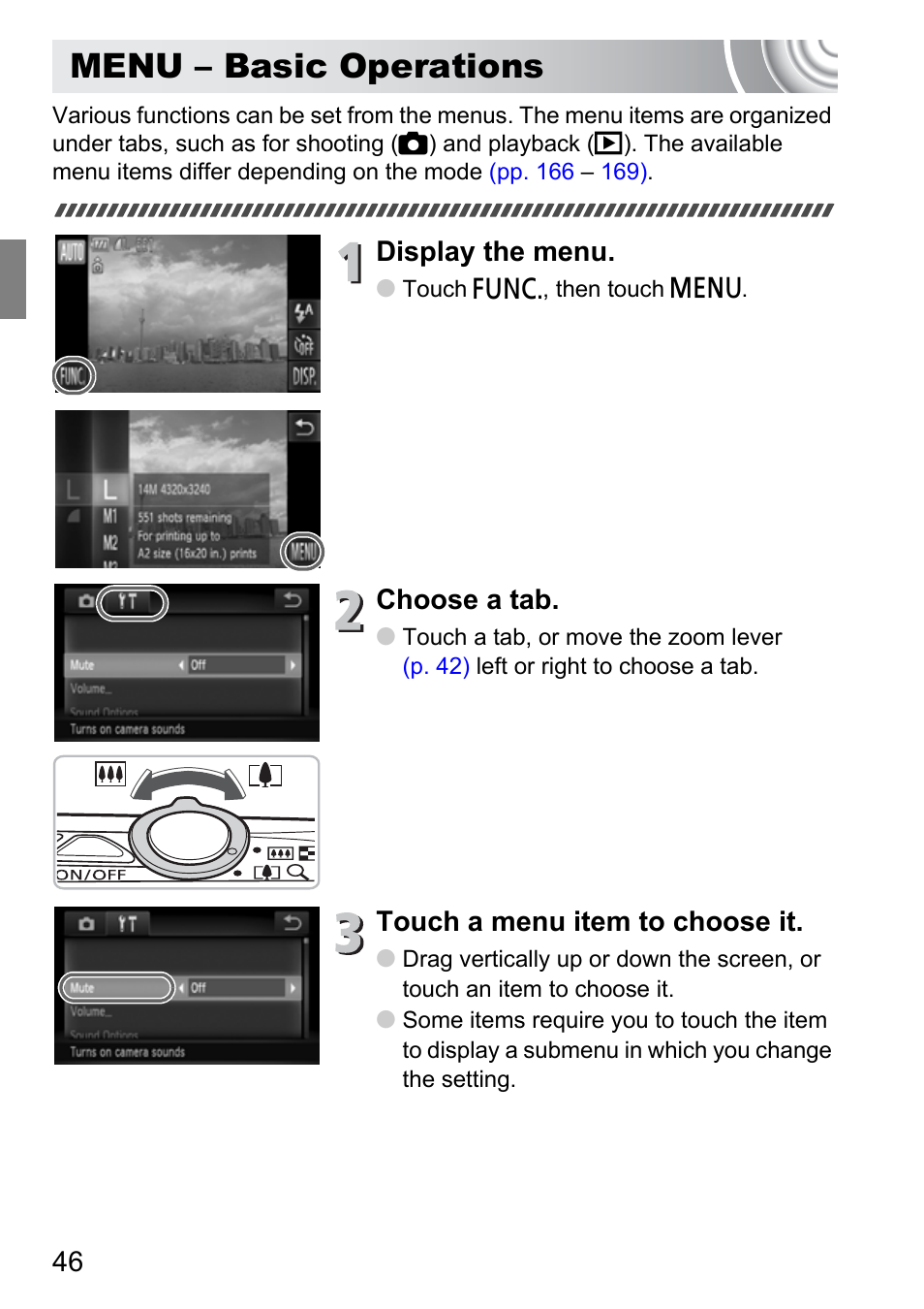 Menu - basic operations, Menu – basic operations, Display the menu | Choose a tab, Touch a menu item to choose it | Canon 210 User Manual | Page 46 / 176