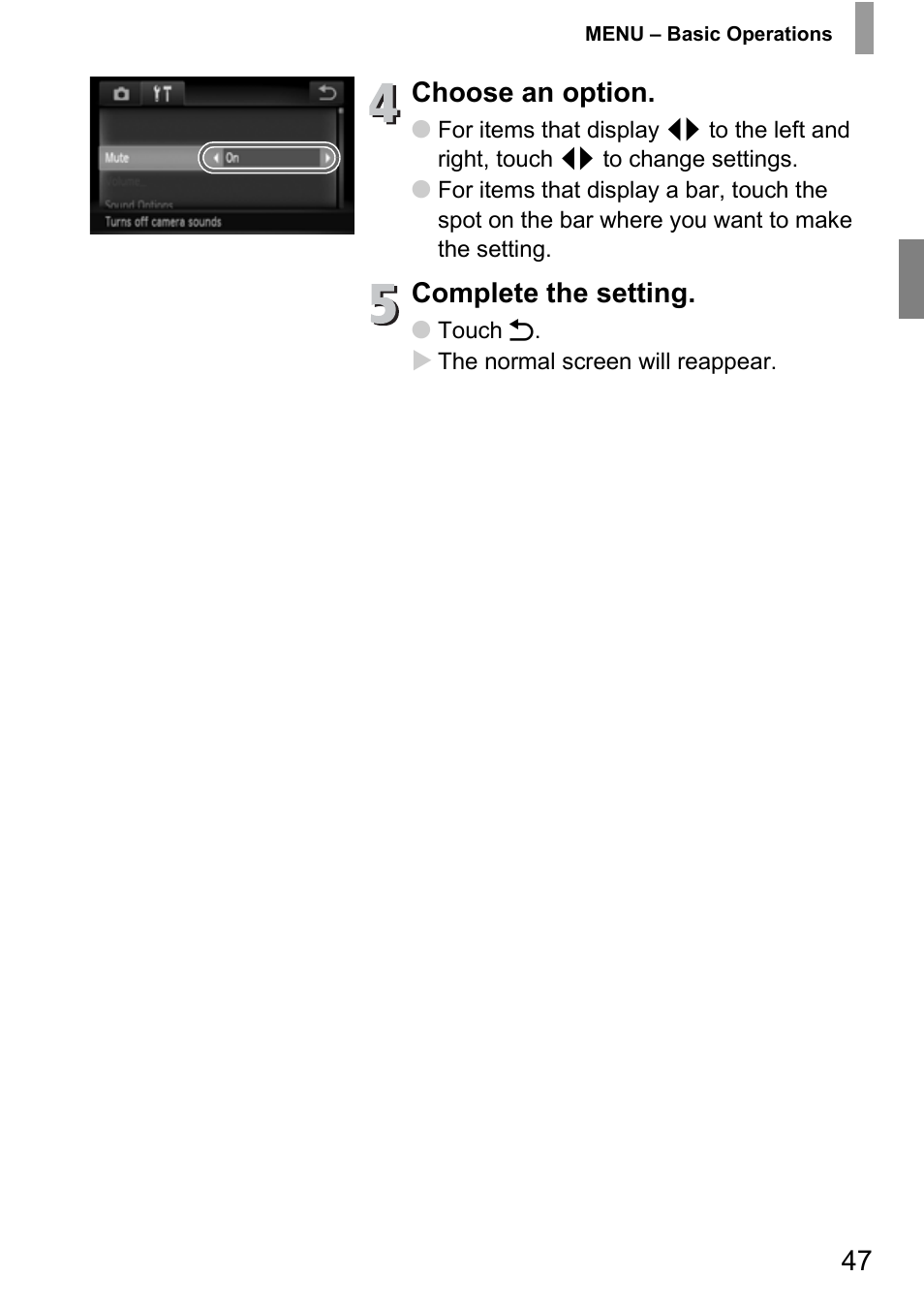 Choose an option, Complete the setting | Canon 210 User Manual | Page 47 / 176
