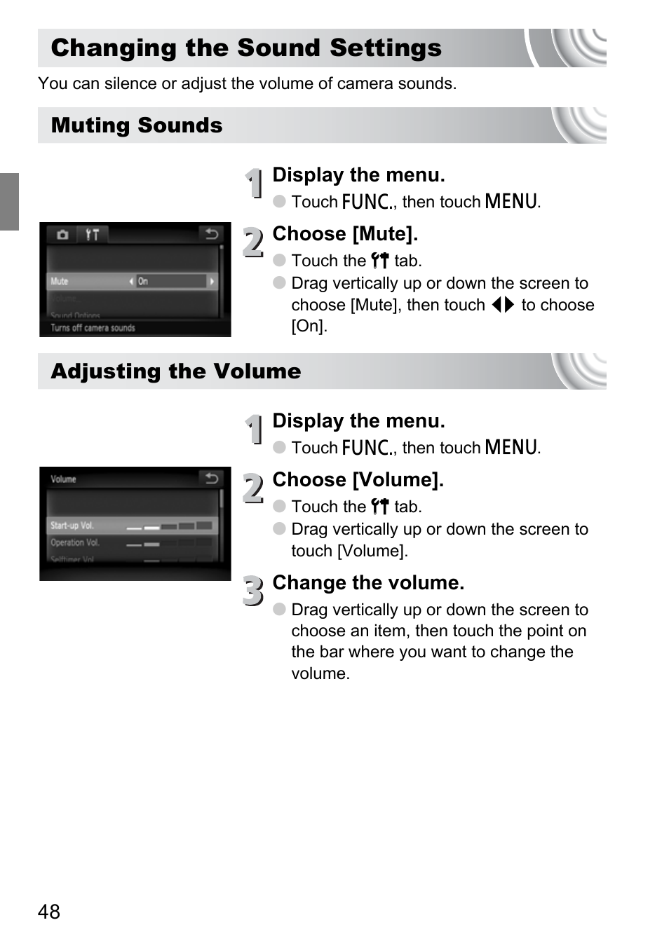 Changing the sound settings, Muting sounds, Adjusting the volume | Canon 210 User Manual | Page 48 / 176