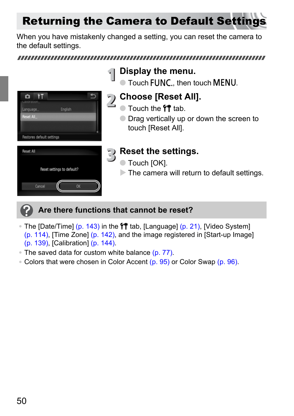 Returning the camera to default settings, Returning the camera to default, Settings | Display the menu, Choose [reset all, Reset the settings | Canon 210 User Manual | Page 50 / 176