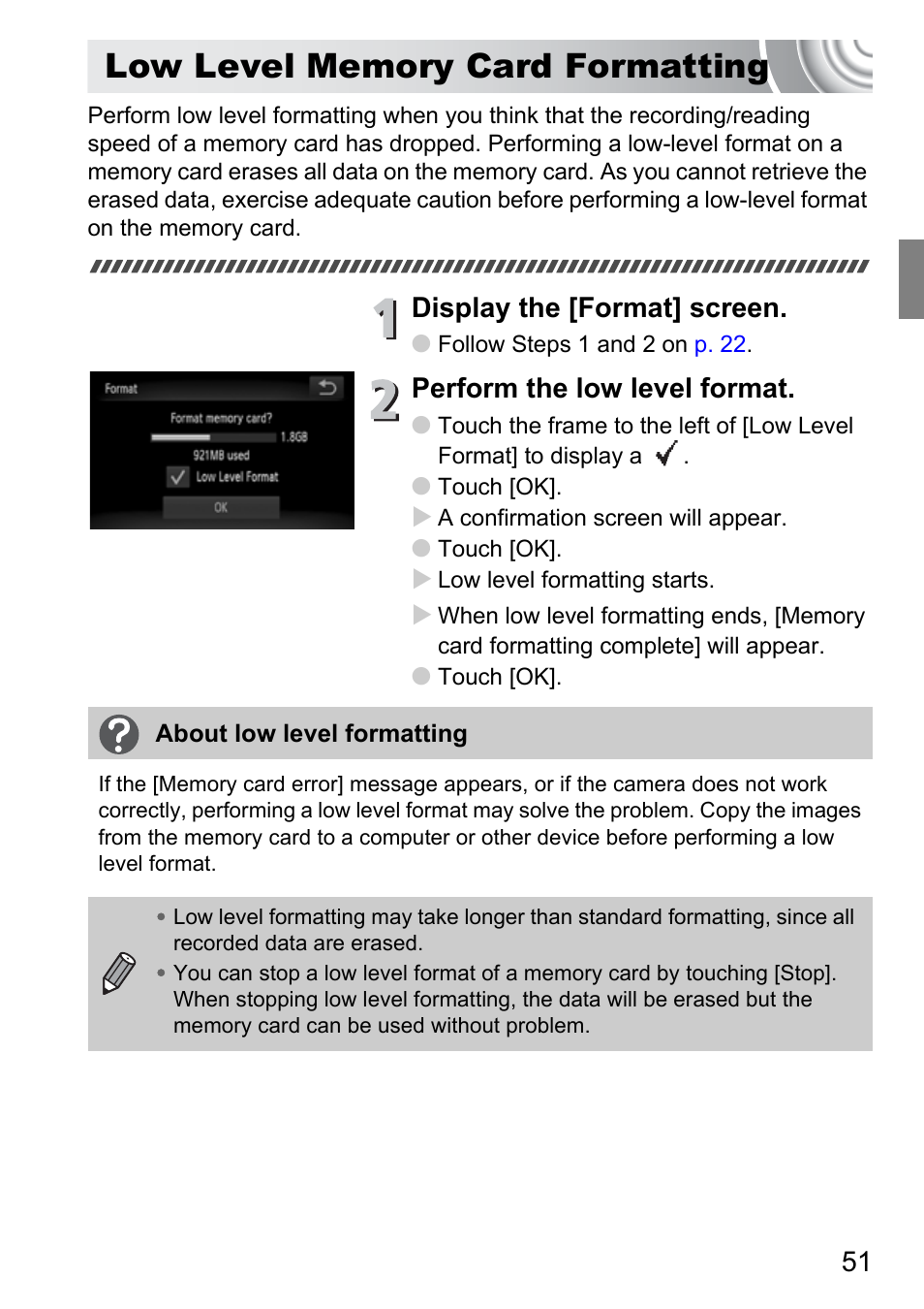 Low level memory card formatting, Low level memory card, Formatting | Display the [format] screen, Perform the low level format | Canon 210 User Manual | Page 51 / 176