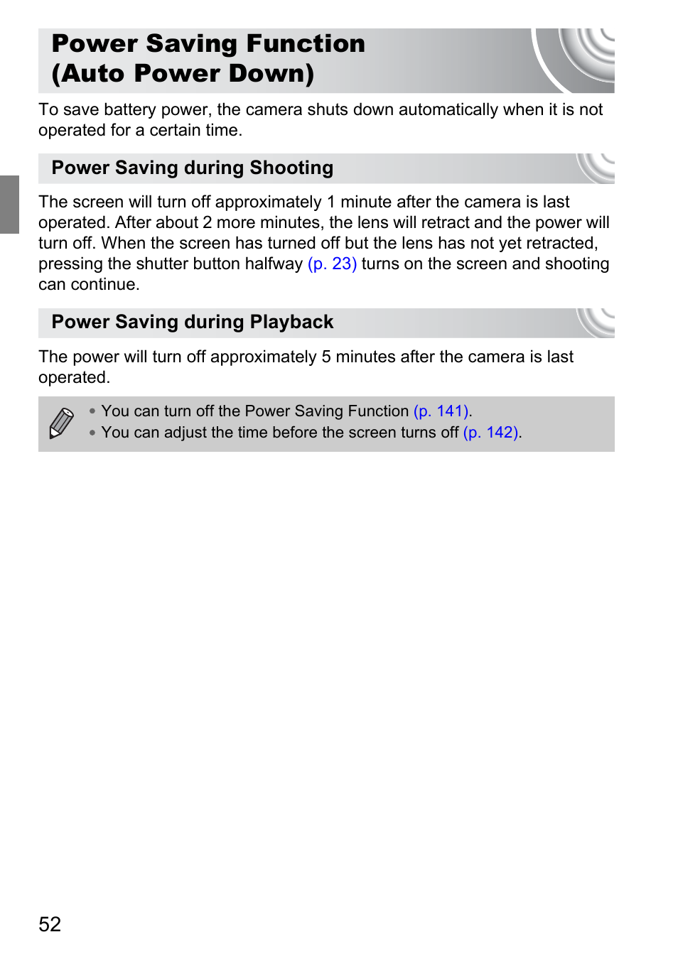 Power saving function (auto power down), Power saving function, Auto power down) | Canon 210 User Manual | Page 52 / 176