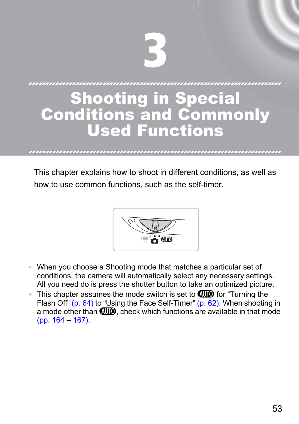 3 shooting in special, Conditions and commonly, Used functions | Pp. 53 | Canon 210 User Manual | Page 53 / 176