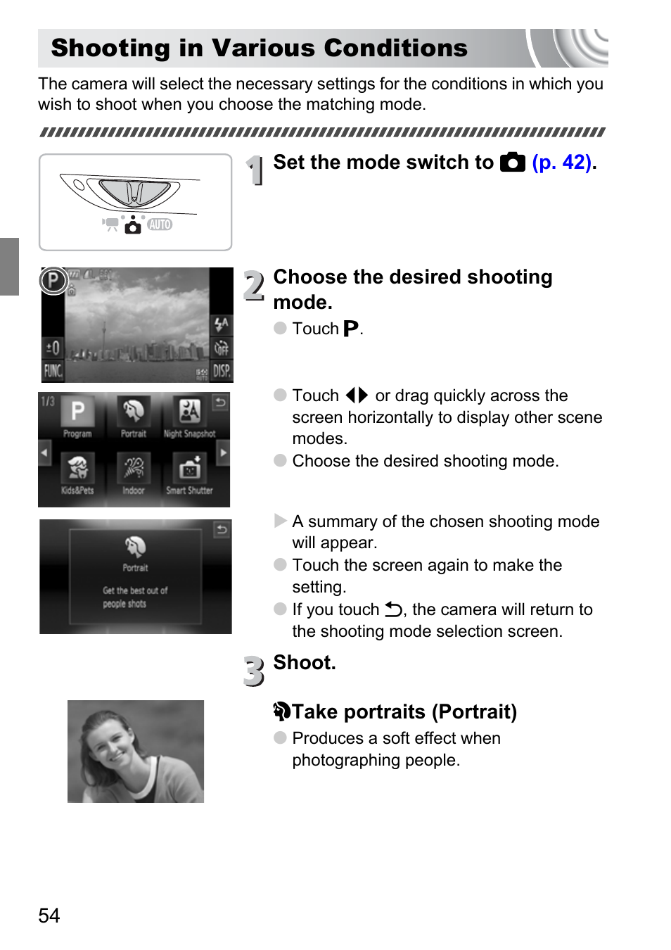 Shooting in various conditions, P. 54), E scene | Canon 210 User Manual | Page 54 / 176
