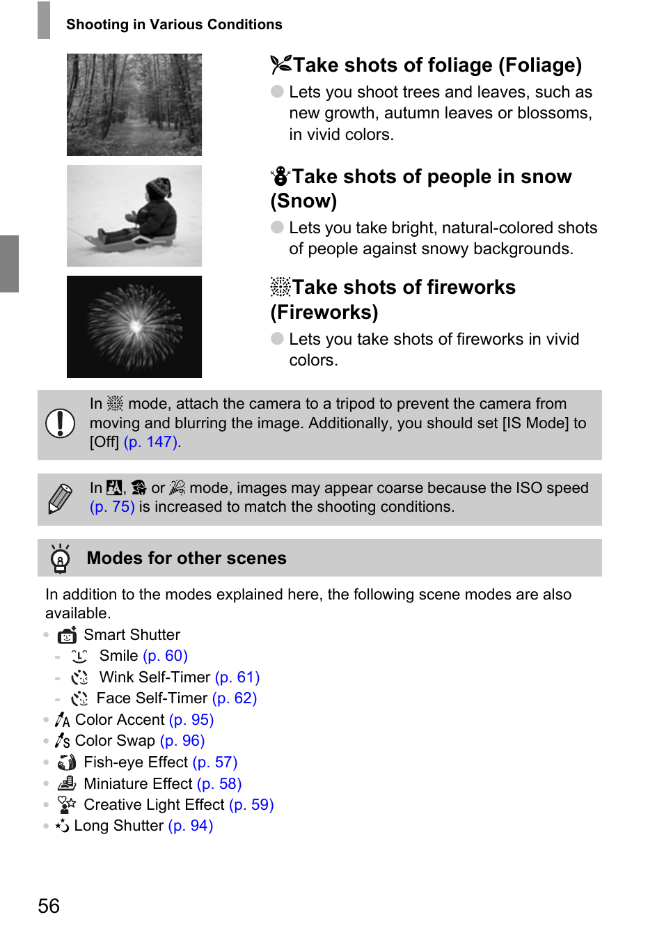 P. 56), O take shots of foliage (foliage), P take shots of people in snow (snow) | T take shots of fireworks (fireworks) | Canon 210 User Manual | Page 56 / 176