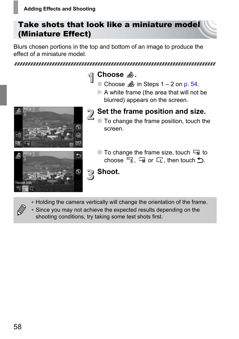 P. 58), Choose, Set the frame position and size | Shoot | Canon 210 User Manual | Page 58 / 176