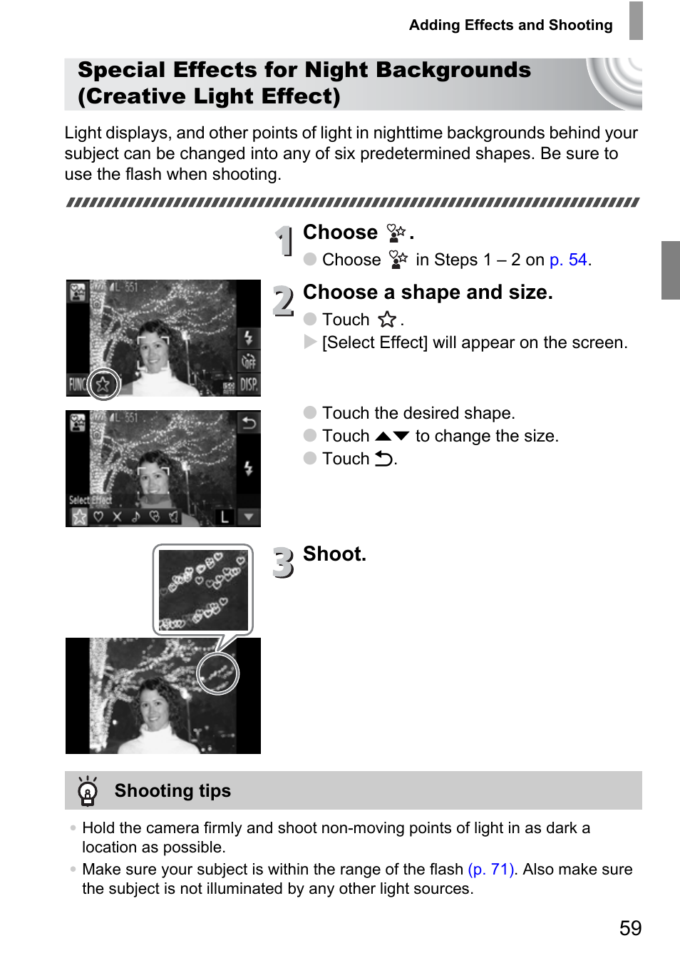 P. 59), Choose, Choose a shape and size | Shoot | Canon 210 User Manual | Page 59 / 176