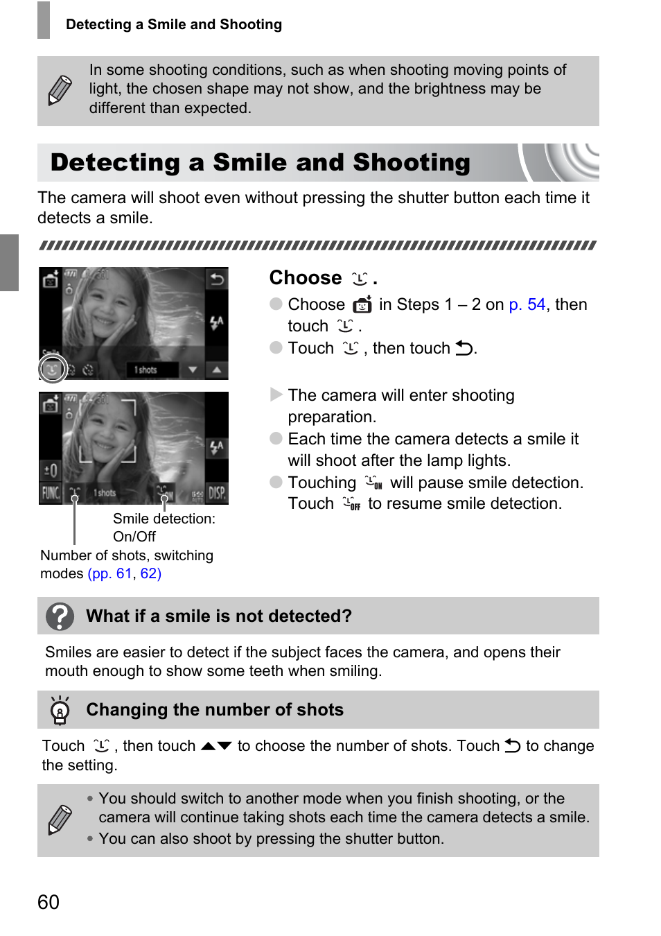 Detecting a smile and shooting, Pp. 60, P. 60) | Choose | Canon 210 User Manual | Page 60 / 176