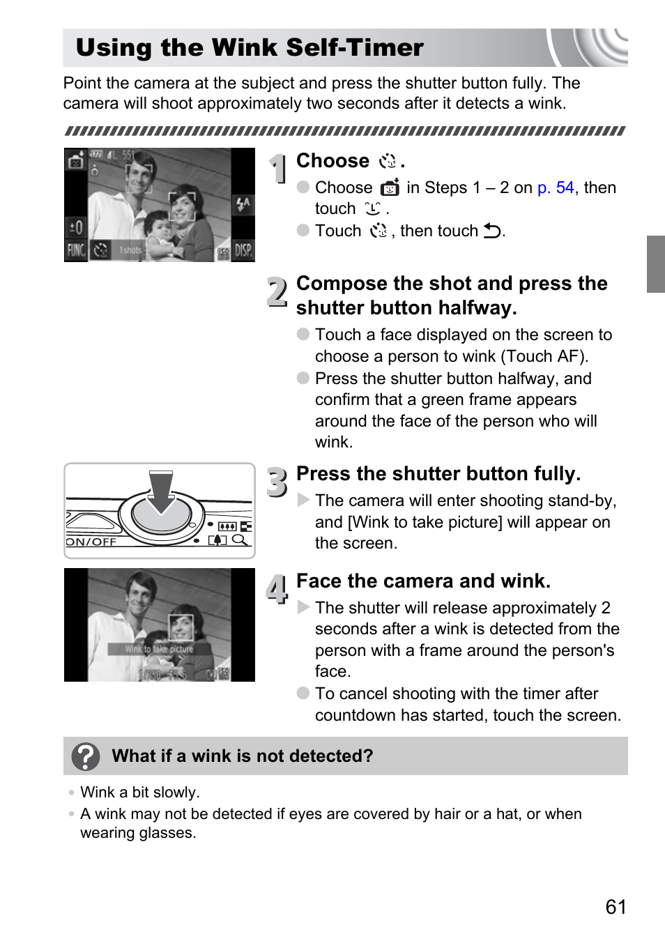 Using the wink self-timer, P. 61), Pp. 61 | Choose, Press the shutter button fully, Face the camera and wink | Canon 210 User Manual | Page 61 / 176