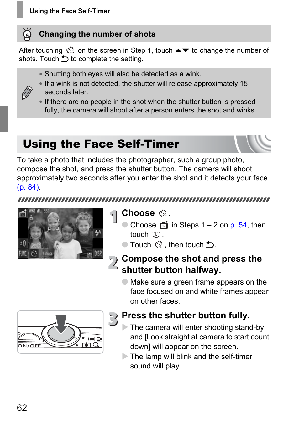 Using the face self-timer, P. 62), Lf-timer | Choose, Press the shutter button fully | Canon 210 User Manual | Page 62 / 176